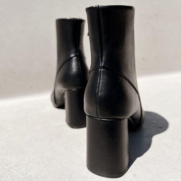 NEW Black Faux Leather Sleek Slim Square Toe Block Heel Ankle Boots Bootie Shoes - Picture 7 of 13